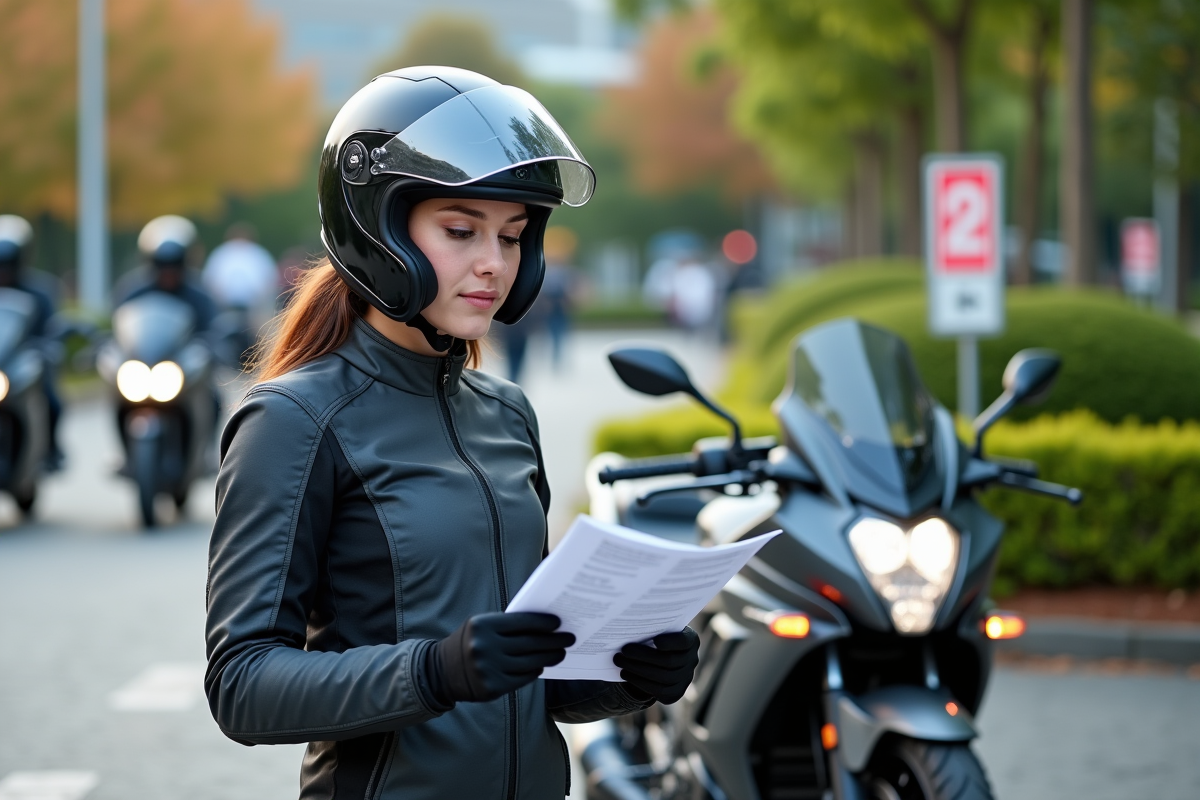 Jeune femme en équipement moto vérifiant une checklist à côté de sa moto