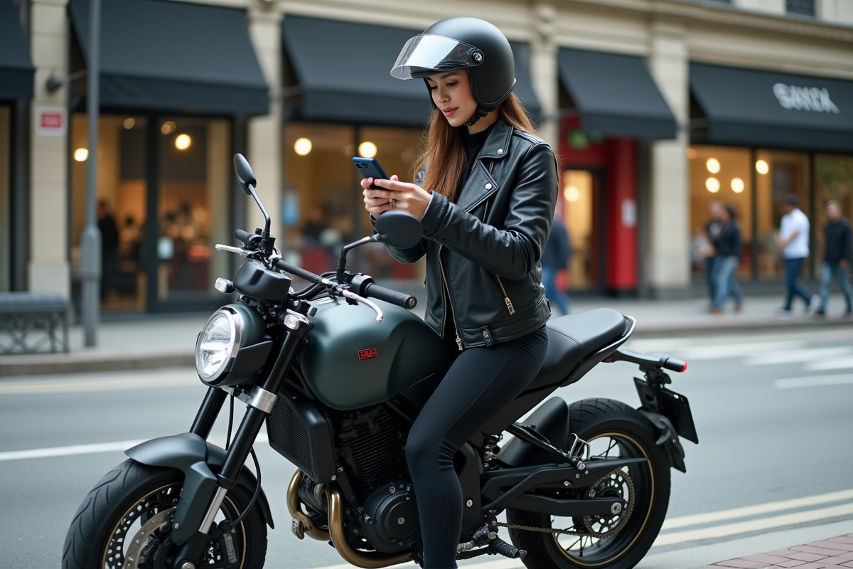 Jeune femme en ville sur une moto Dax vérifiant son téléphone