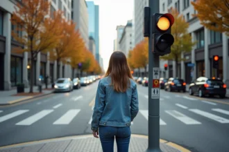 Jeune femme en automne au passage pietons urbain