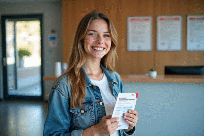 Jeune femme souriante avec permis de conduire dans un espace moderne