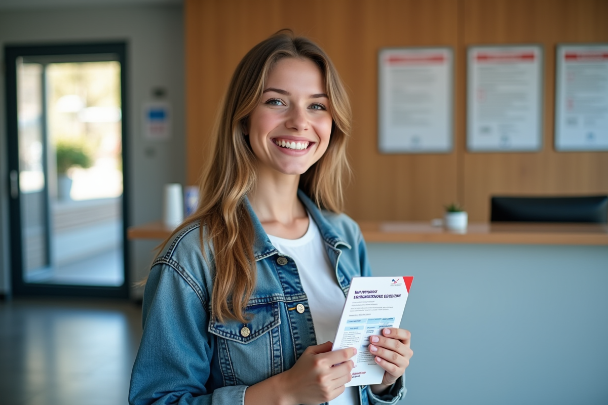 Jeune femme souriante avec permis de conduire dans un espace moderne