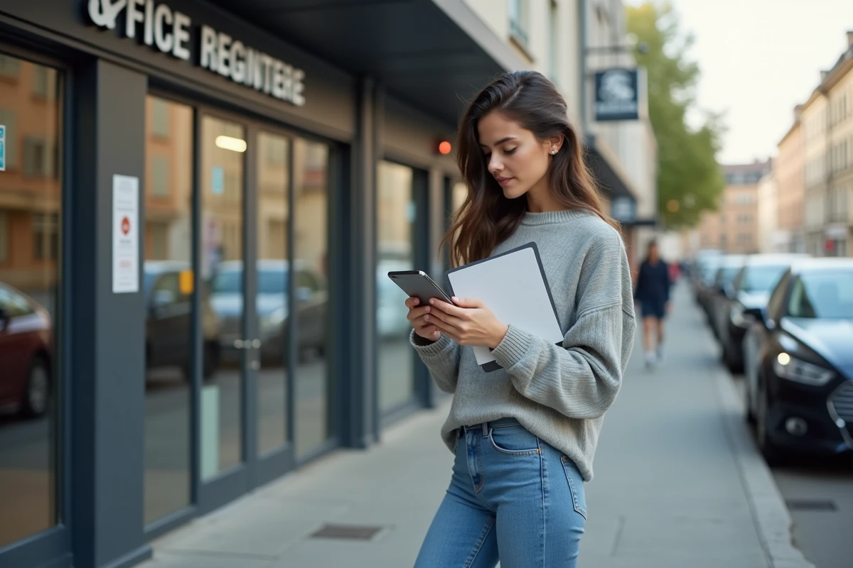 Jeune femme dehors devant un bureau d