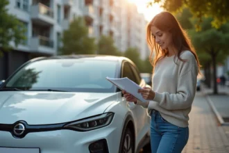 Jeune femme avec voiture électrique en ville