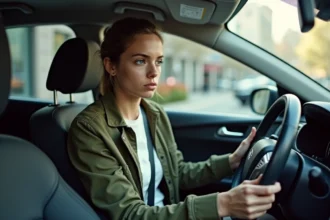 Jeune femme concentrée au volant d'une voiture lors d'un examen de permis de conduire