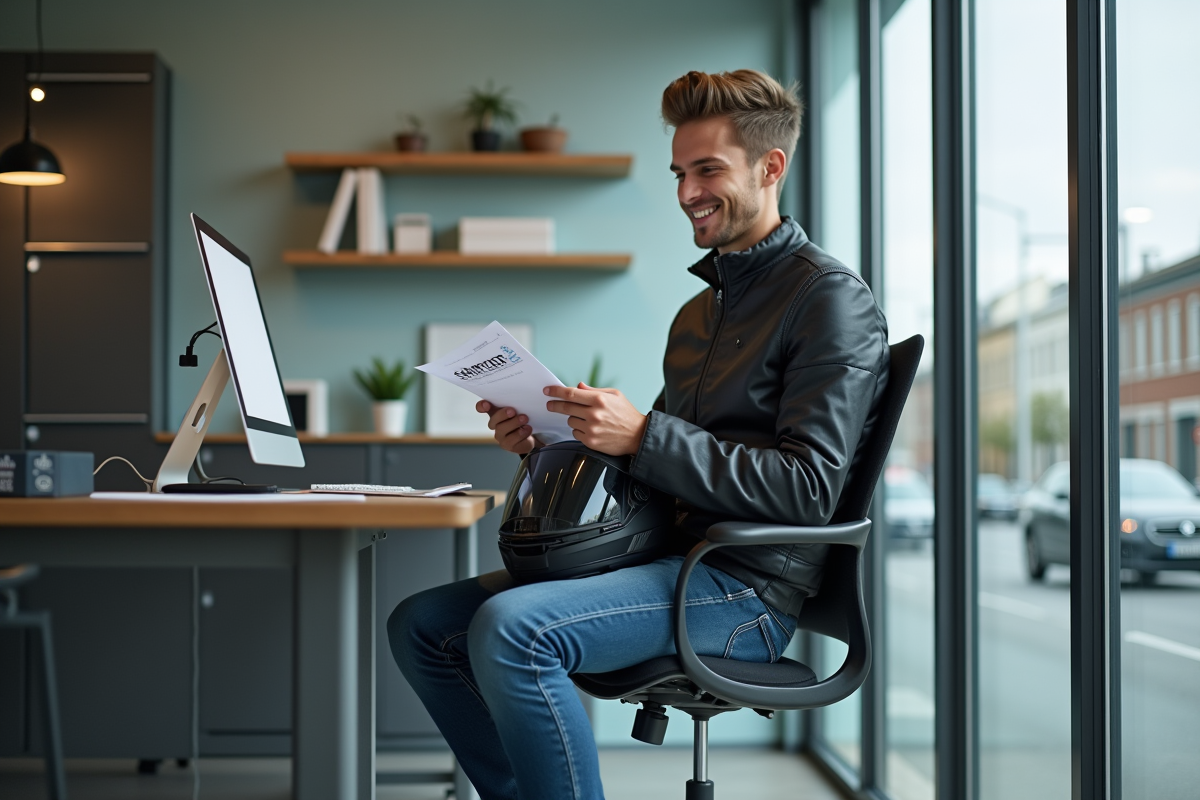 Jeune homme en moto jacket à l’école de conduite