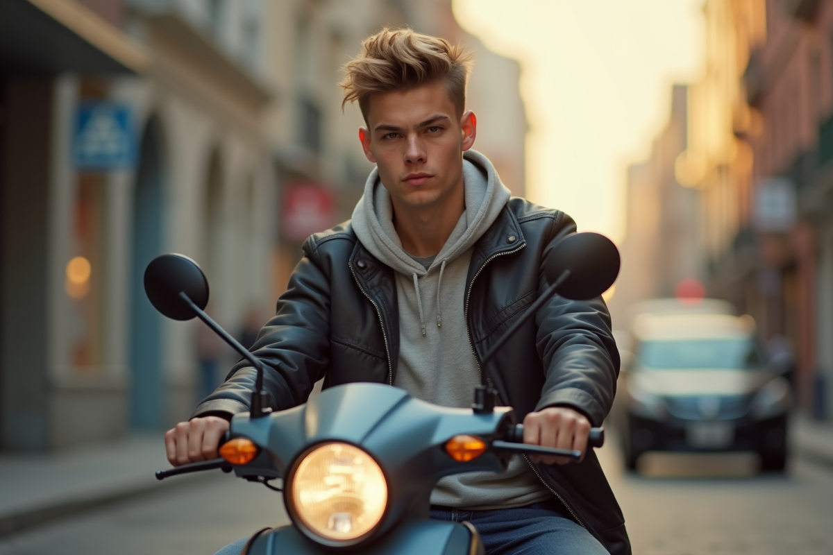 Jeune homme assis sur un moped en ville au matin