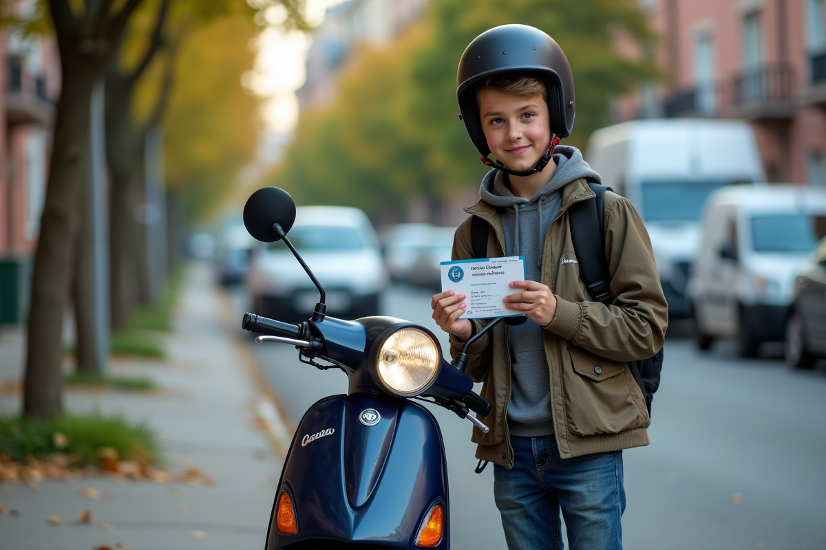 Jeune garçon avec casque et scooter en ville