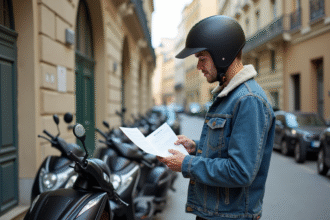 Jeune homme examine papiers de moto urbaine en ville