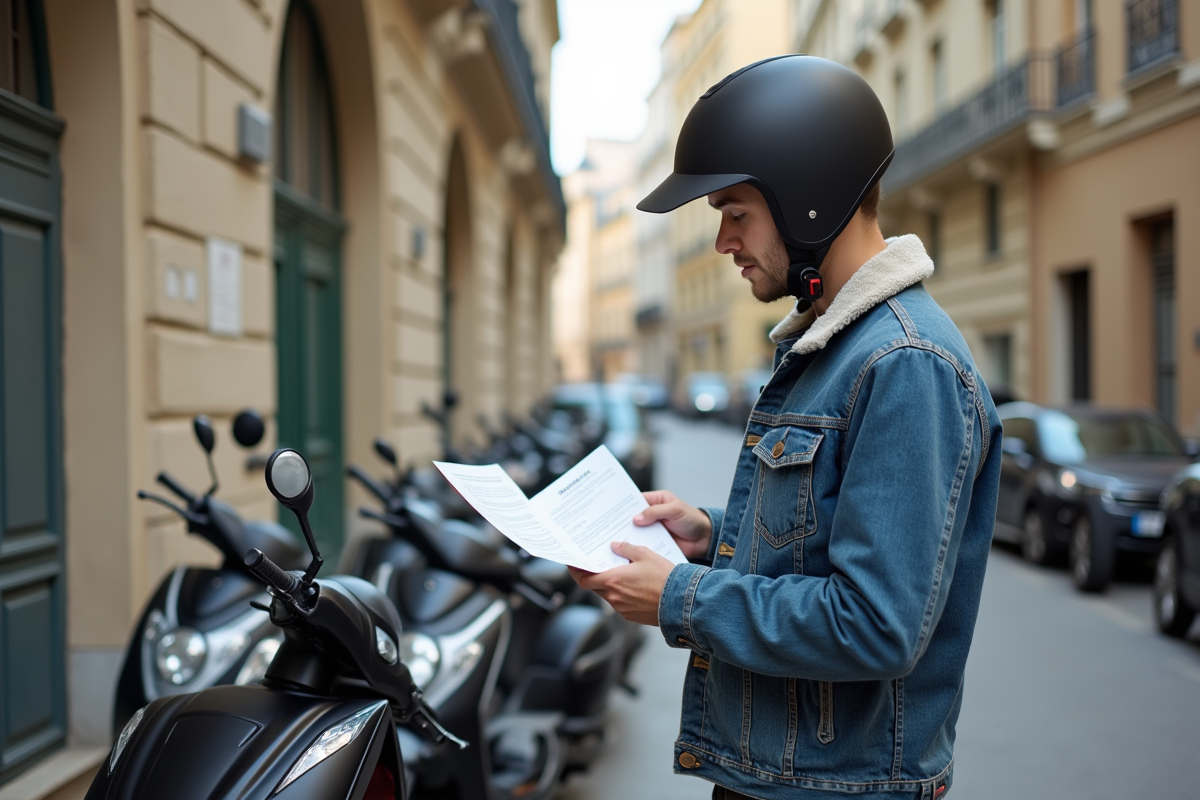 Jeune homme examine papiers de moto urbaine en ville