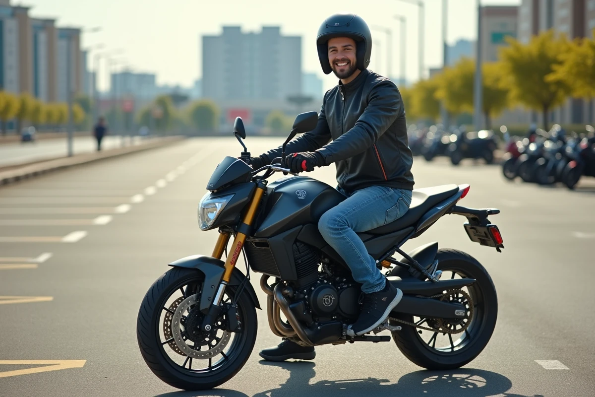 Jeune homme souriant sur une moto en ville