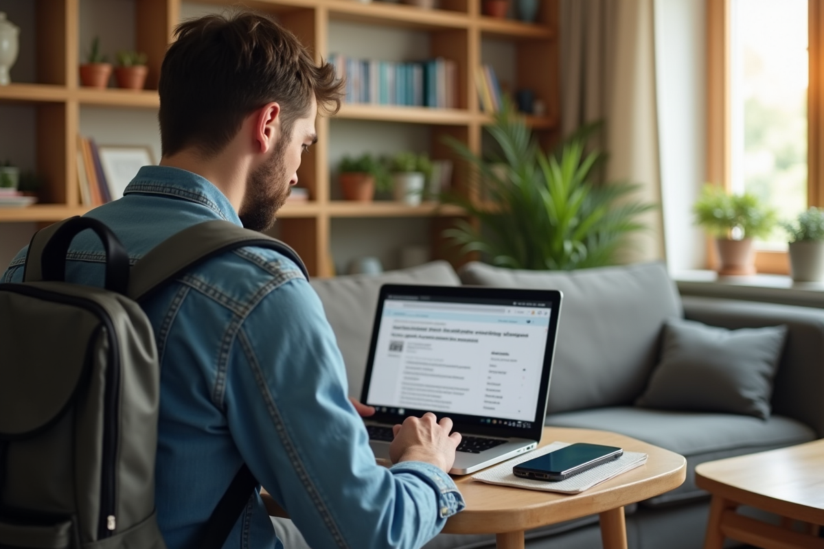 Jeune homme en denim effectuant une demande en ligne à la maison