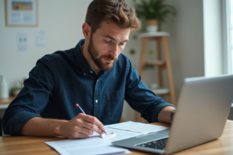 Jeune homme organisant des papiers dans un bureau moderne