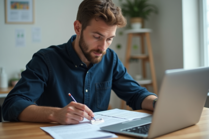 Jeune homme organisant des papiers dans un bureau moderne