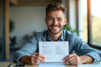 Jeune homme souriant tenant son permis de conduire français