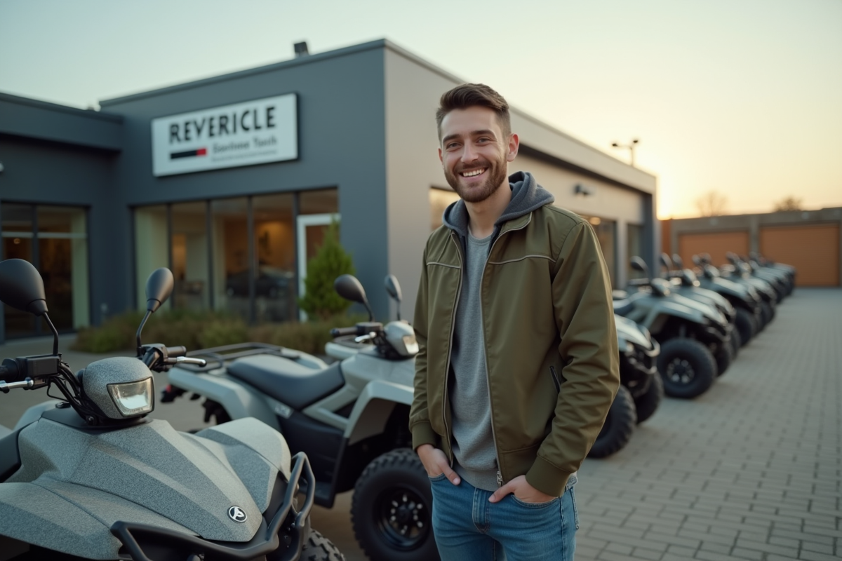 Jeune homme souriant inspectant des quads neufs à un concessionnaire
