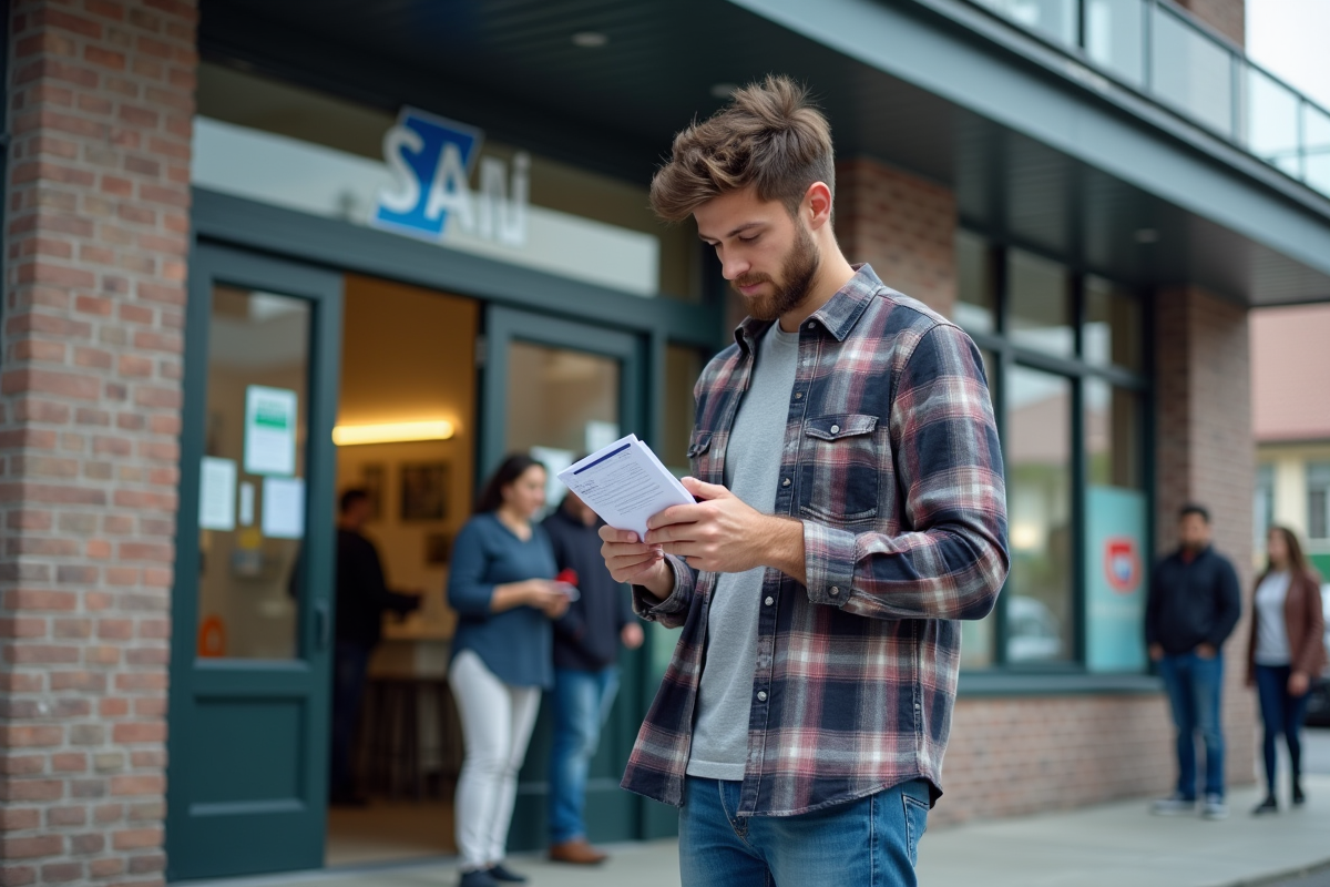 Jeune homme vérifie son téléphone devant un bureau SAAQ