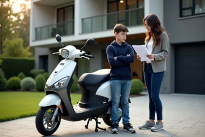 Jeune garçon avec scooter et papiers de financement