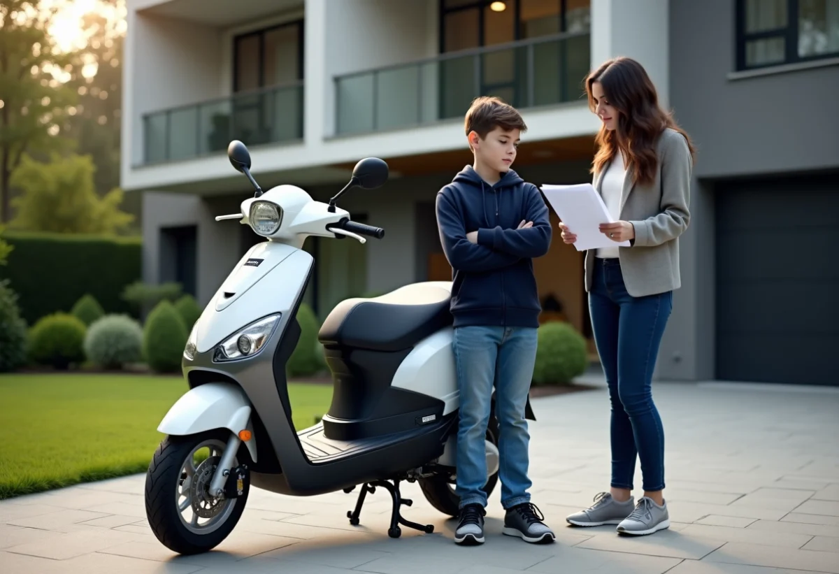Jeune garçon avec scooter et papiers de financement