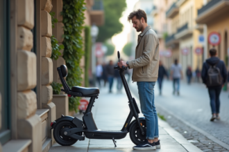 Jeune homme vérifiant une crevaison de scooter en ville