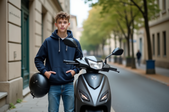 Jeune garçon avec casque et scooter dans une rue résidentielle