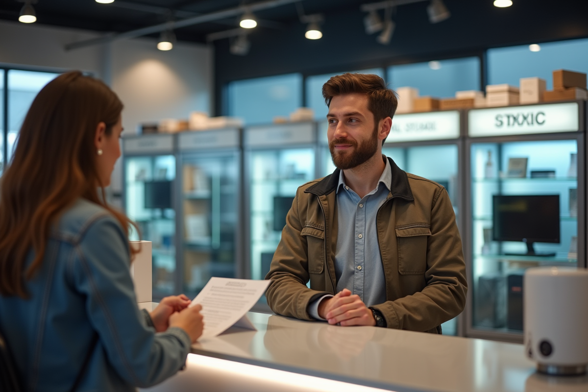 Jeune homme discute avec un vendeur au comptoir d