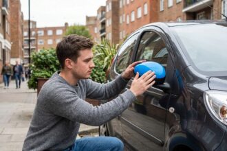 Jeune homme attachant une couverture de miroir bleu sur une voiture urbaine