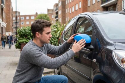 Jeune homme attachant une couverture de miroir bleu sur une voiture urbaine