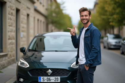 Jeune homme souriant pointant sa plaque d'immatriculation
