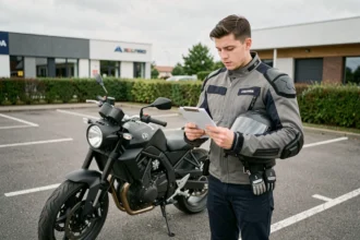 Jeune motard débutant consultant les documents de son assurance moto dans un parking, casque sous le bras