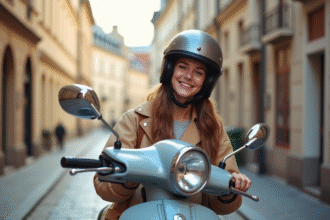 Jeune personne souriante avec casque à côté d'un scooter propre en ville