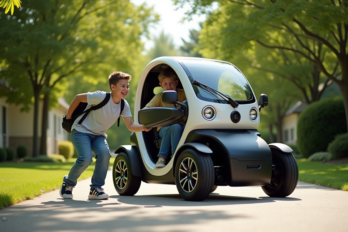 Jeune enthousiaste montant dans une microcar dans la nature