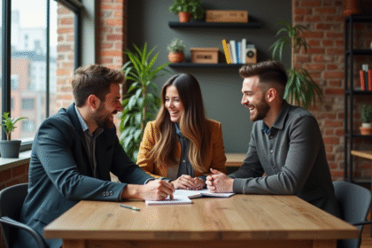 Trois jeunes adultes rient autour d'une table de bureau moderne