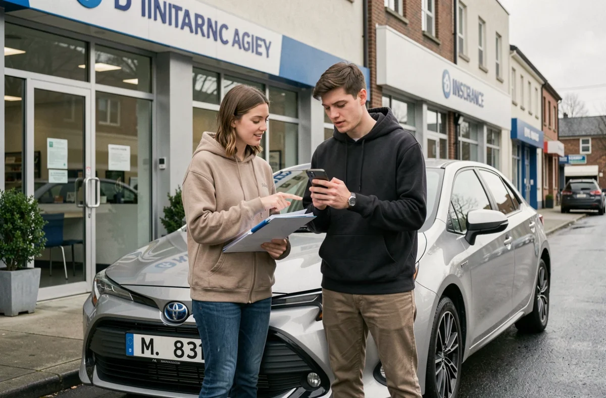 Couple de jeunes conducteurs devant une agence d'assurance avec une Toyota Corolla et des documents