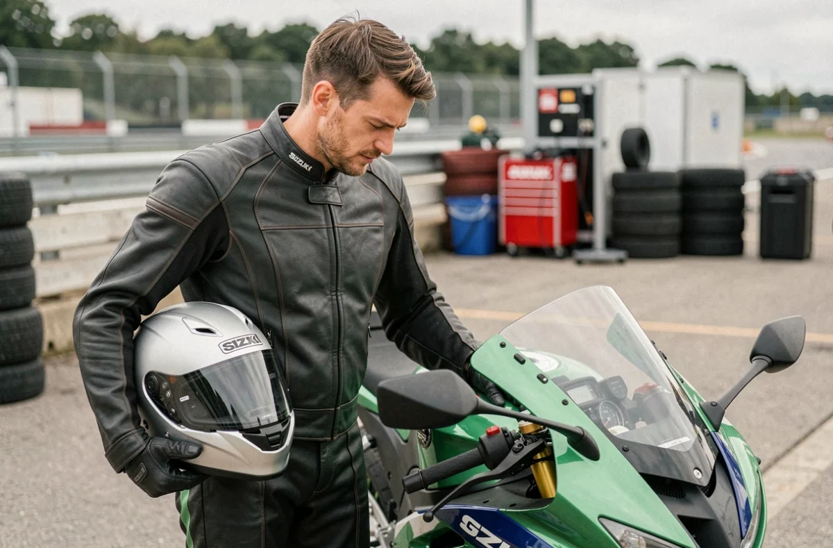 Journaliste moto équipé d'une combinaison de cuir examinant le tableau de bord d'une Suzuki GSX-R 750 dans un paddock de circuit