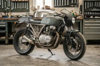 Kawasaki KZ 400 préparée en café racer dans un atelier de mécanique vintage avec outils au mur