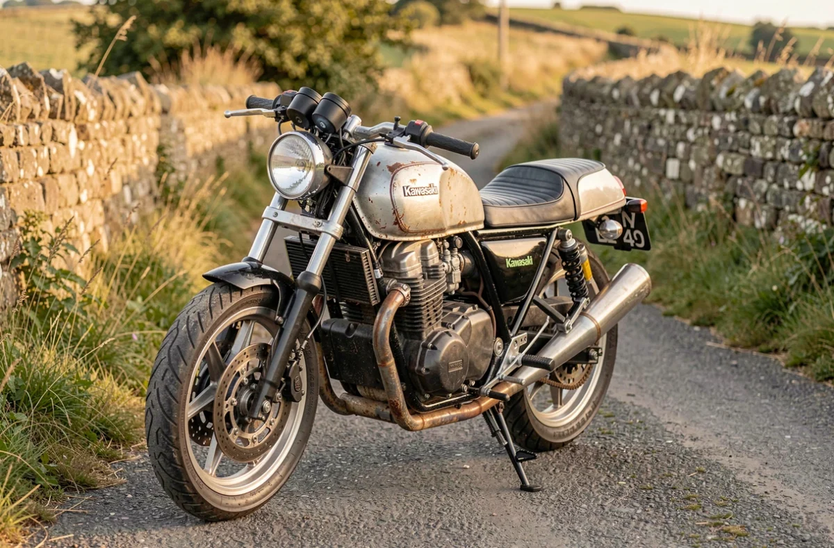 Kawasaki KZ 400 café racer homologuée et légale garée sur une route de campagne avec plaque d'immatriculation