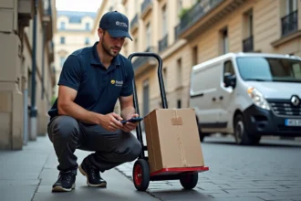 Livreur professionnel consultant un scanner de livraison dans une rue pavée de Paris, en 2026, avec immeuble haussmannien en arrière-plan