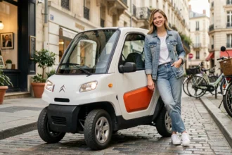 Femme souriante appuyée contre une Citroën Ami blanche garée dans une rue urbaine française