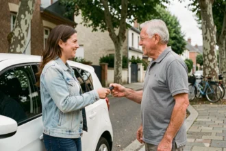 Échange de clé de voiture sans permis entre particuliers dans une rue résidentielle française