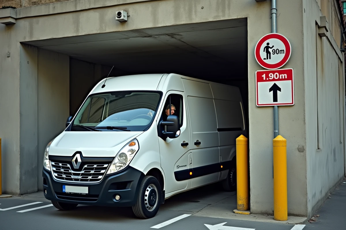 Renault Master L2H2 arrêté devant l'entrée d'un parking souterrain face à un panneau de hauteur limitée à 1,90 m en ville
