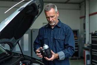 Mécanicien auto homme en coveralls inspectant un airlinker dans un garage