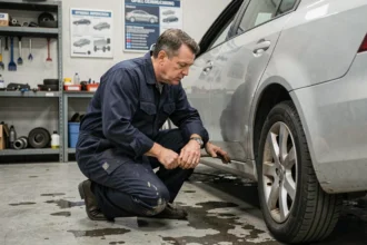 Mécanicien inspectant une voiture lors d'un contrôle technique en garage automobile