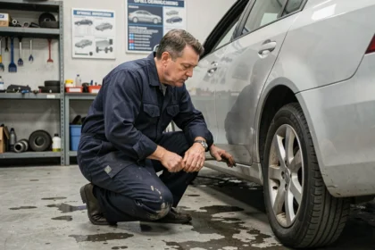 Mécanicien inspectant une voiture lors d'un contrôle technique en garage automobile