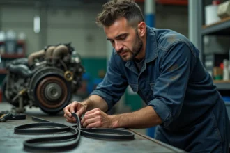 Mécanicien inspectant une courroie de distribution usée dans un garage automobile professionnel
