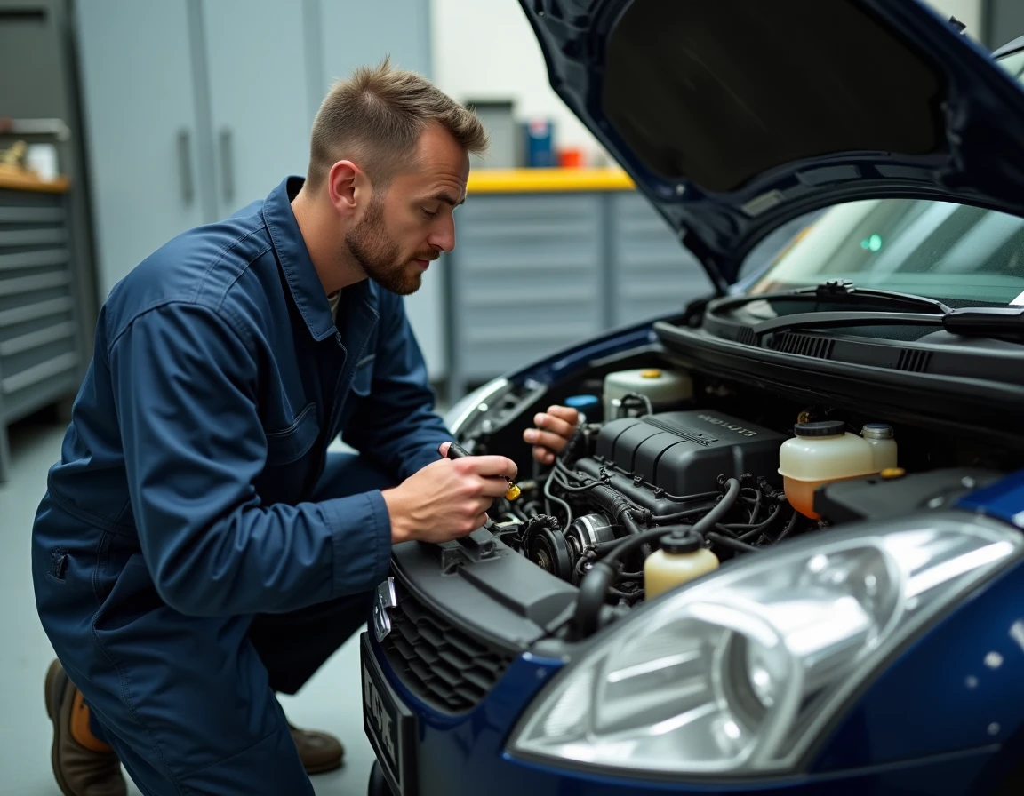 Mécanicien inspectant le moteur diesel 1.3 DDiS d'une Suzuki Swift dans un atelier automobile professionnel