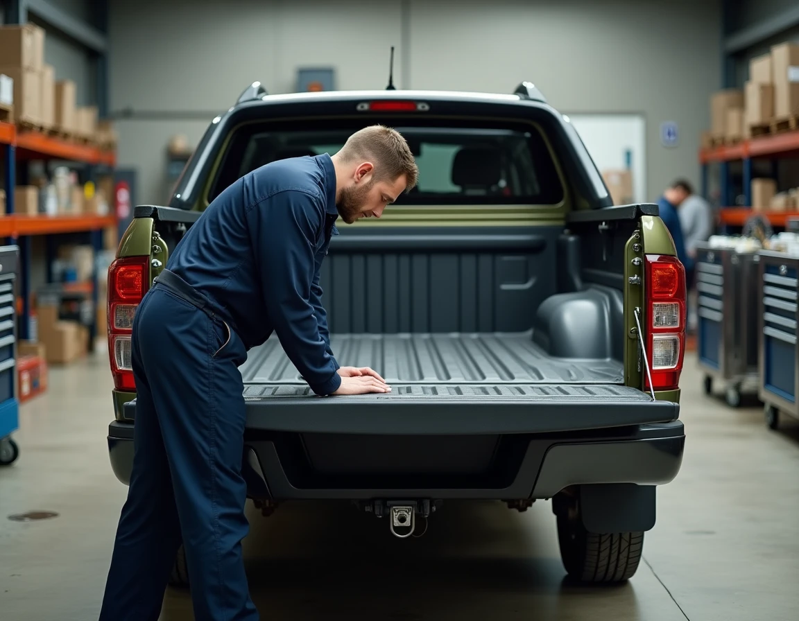 Mécanicien inspectant le plateau d'un pick-up low-cost 2026 vert olive dans un garage professionnel, évaluation technique d'un utilitaire budget