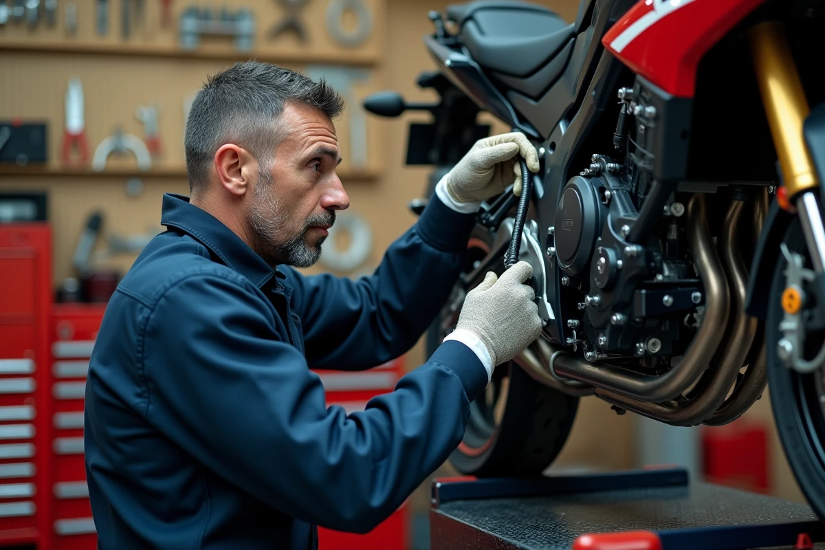 Mécanicien moto installant une durite aviation homologuée sur une moto sportive en atelier professionnel