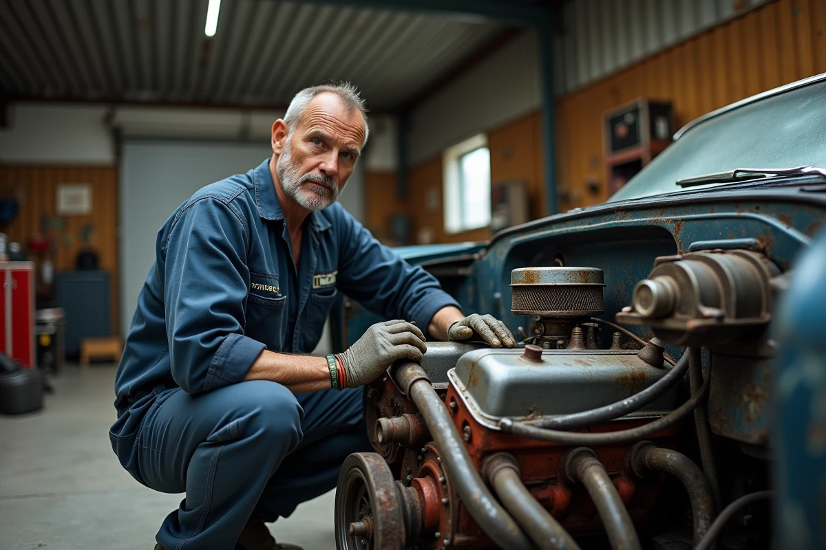 Mécanicien inspectant le moteur V8 d'une Chevrolet Impala 1967 automatique dans un atelier de restauration