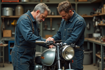 Mécanicien homme en overalls ajustant un sidecar classique en atelier