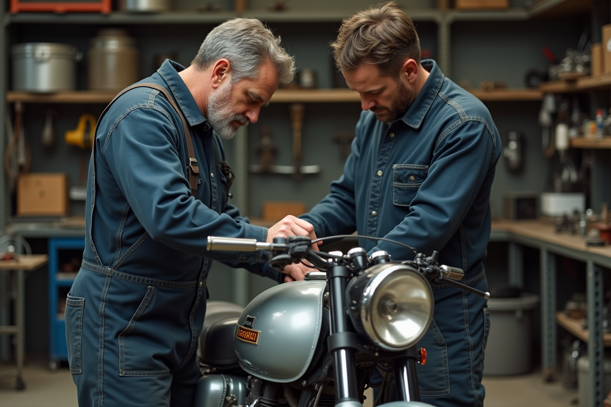 Mécanicien homme en overalls ajustant un sidecar classique en atelier